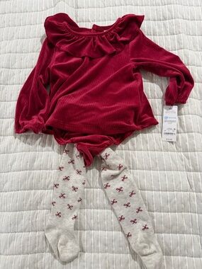 Velvet Ruffle Long-Sleeve Top and Printed Tights Kids Matching Set - Burgundy